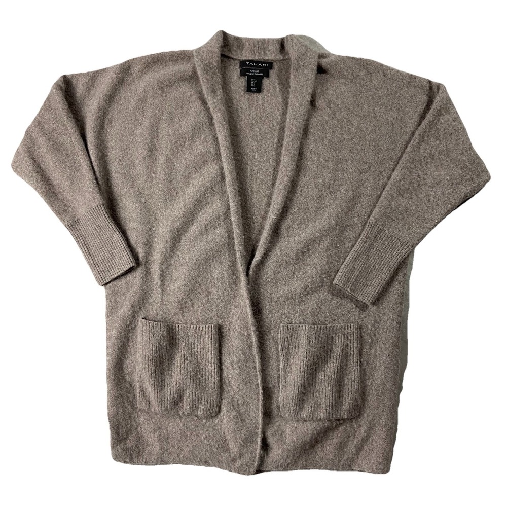 Tahari Pure Luxe 100% 2-ply Cashmere Open Front Cardigan Brown Women's S Classic